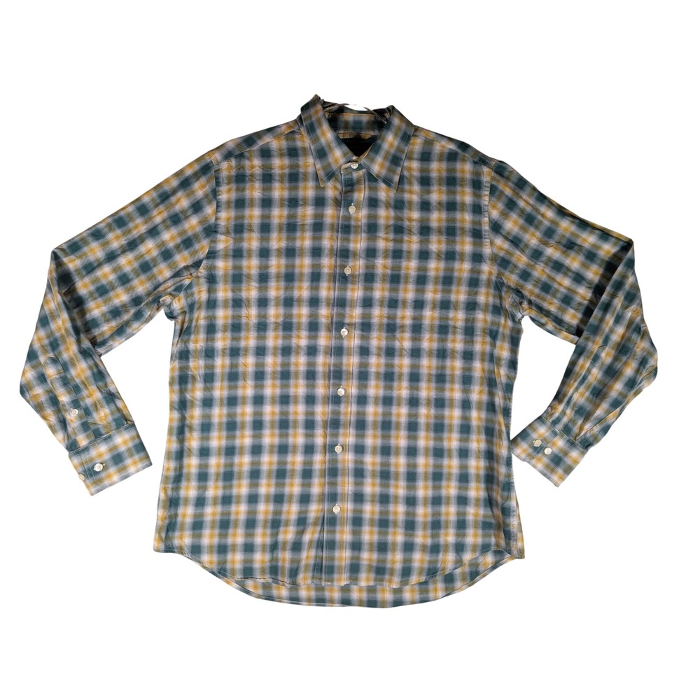 Banana Republic Soft Wash Plaid Button Down Shirt Mens Large Green Yellow Cotton